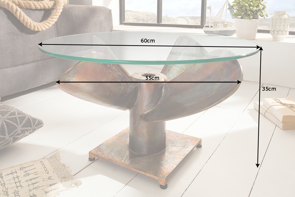 Maritimer Couchtisch OCEAN M 60cm kupfer geflammt rund Schiffsschraube Glasplatte