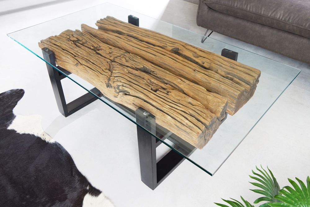 Design Couchtisch BARRACUDA 130cm recyceltes Teakholz Glasplatte schwarz Edelstahl Industrial