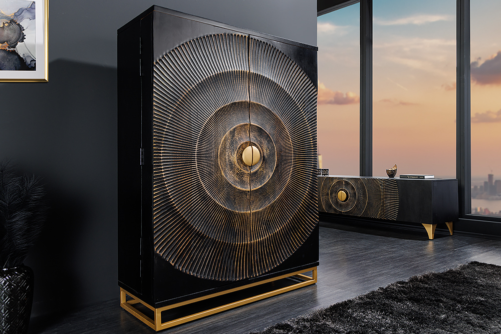 Handgearbeiteter Barschrank GOLDEN SUNSET 140cm schwarz gold Mangoholz massiv
