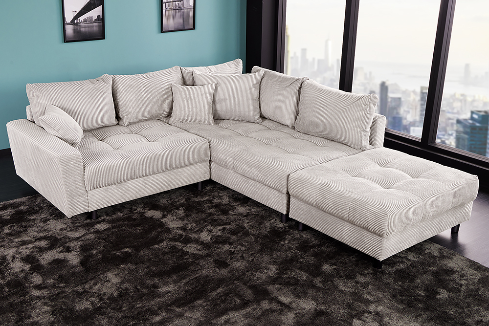 Modernes Ecksofa KENT 220cm beige Cord inkl. Hocker Federkern L-Form Wohnlandschaft
