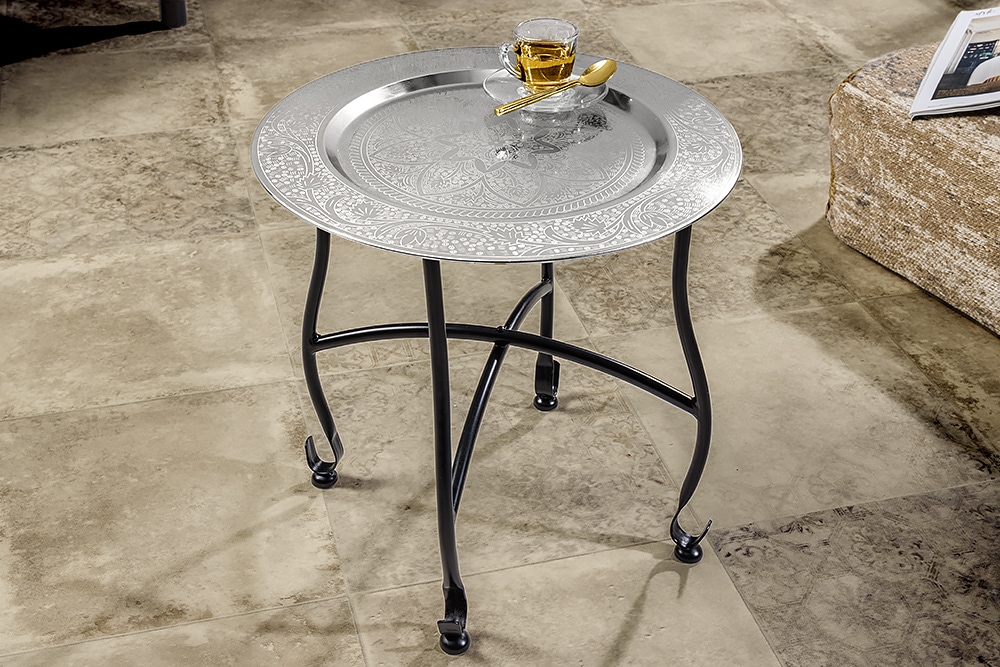 Runder Beistelltisch MARRAKESCH 40cm silber Teetisch abnehmbares Tablett klappbar