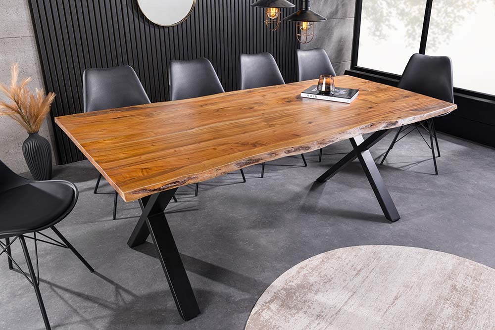 Massivholz Esstisch MAMMUT 160cm Akazie Baumkante X-Gestell Industrial Design 2,6 cm Platte
