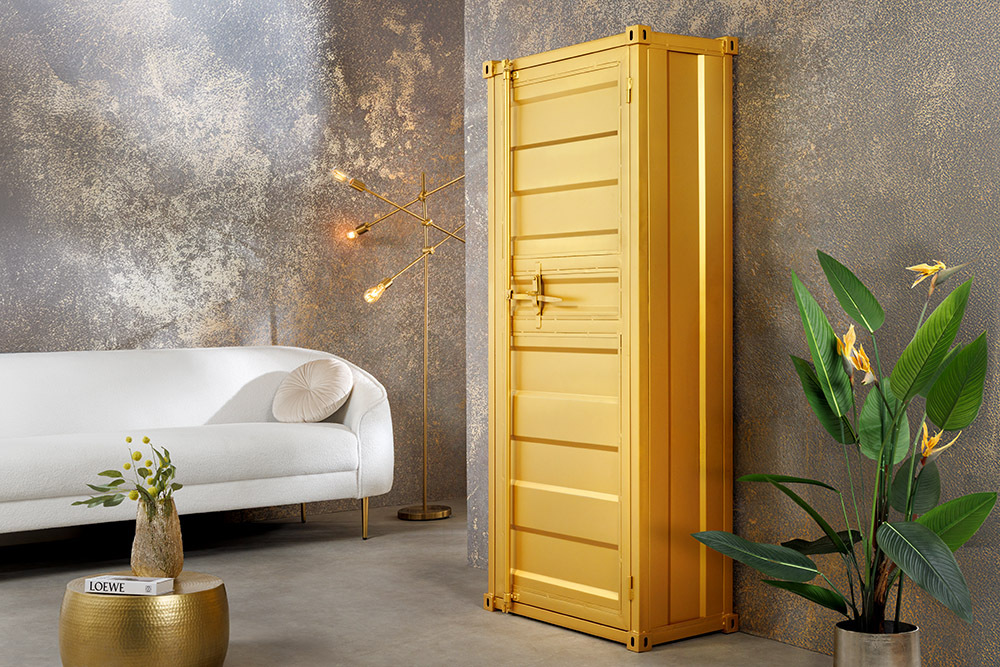 Design Aktenschrank GLOBETROTTER 180cm gold Eisen Container Upcycling Highboard