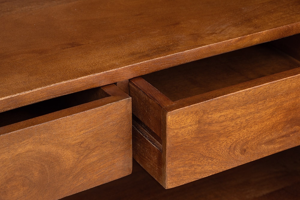 Massiver Barschrank GATSBY 140cm braun Mangoholz gold Metallgestell Retro