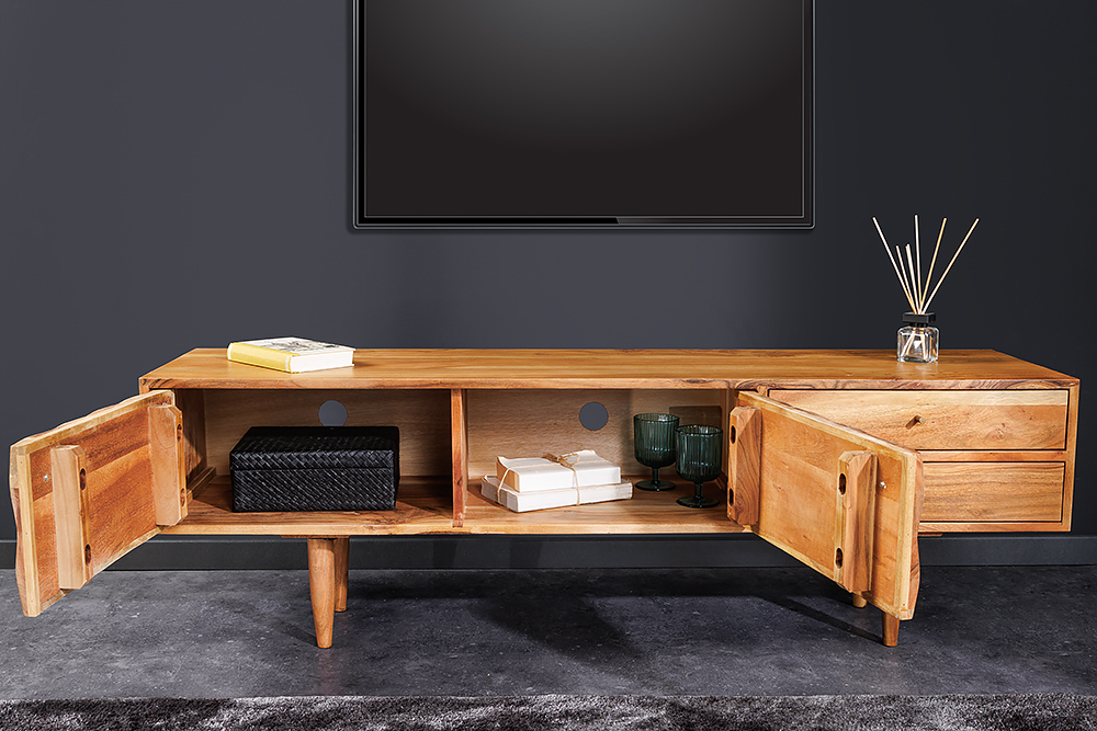 Massivholz TV-Lowboard ALPINE 145cm natur Akazie Retro Design honey finish