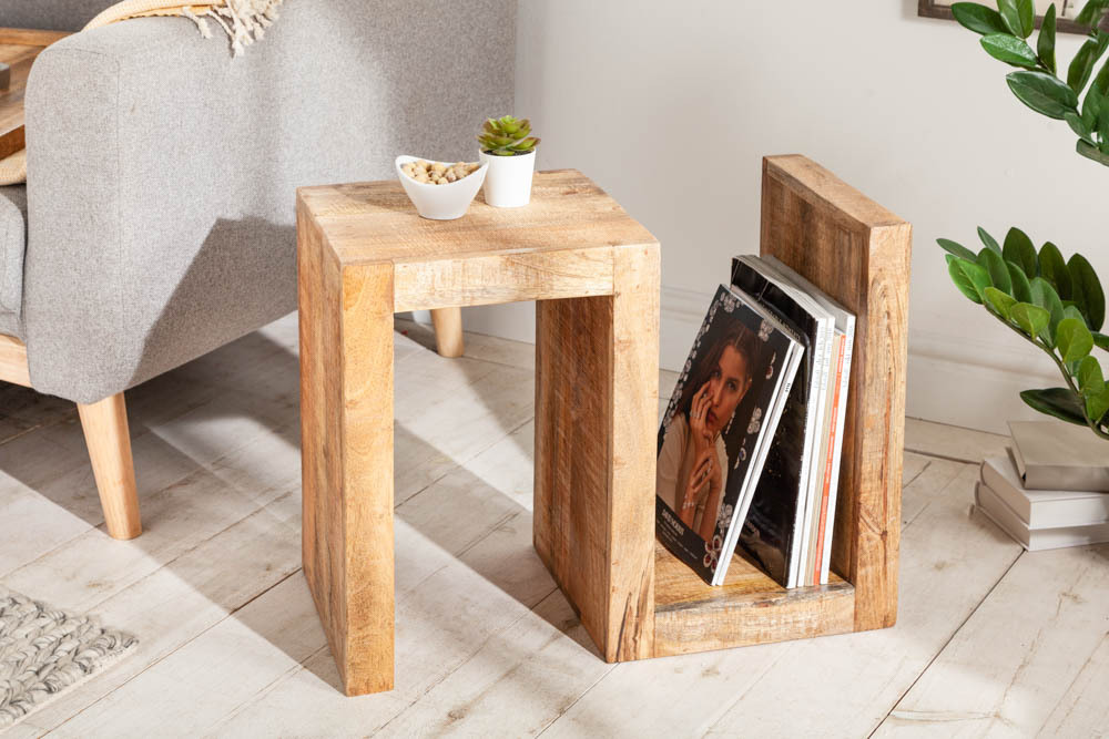 Handgearbeiteter Beistelltisch S 60cm Mango Massivholz mit Ablage variabel stellbar
