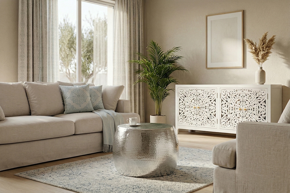 Runder Couchtisch ORIENT 60cm silber Metall Aluminium Hammerschlag Design handmade