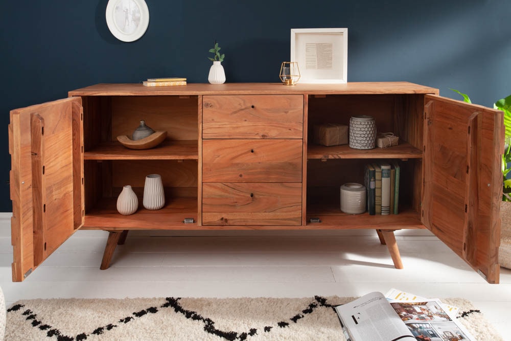 Massivholz Sideboard MYSTIC LIVING 145cm Akazie natur Kommode mit Schubladen 3D-Design