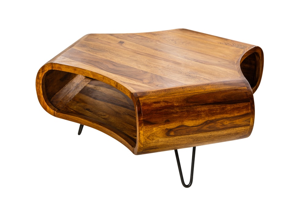 Retro Couchtisch ORGANIC LIVING 90cm braun Sheesham Massivholz stone finish Stauraum