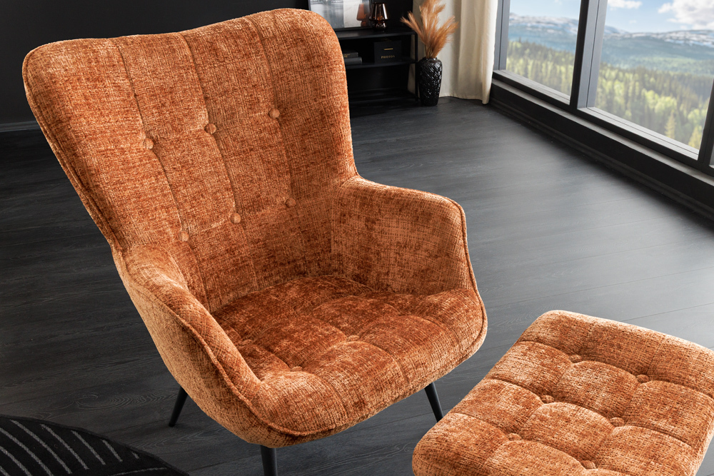 Design Sessel SCANDINAVIA rost braun Chenille Cremona schwarz Metall mit Armlehne