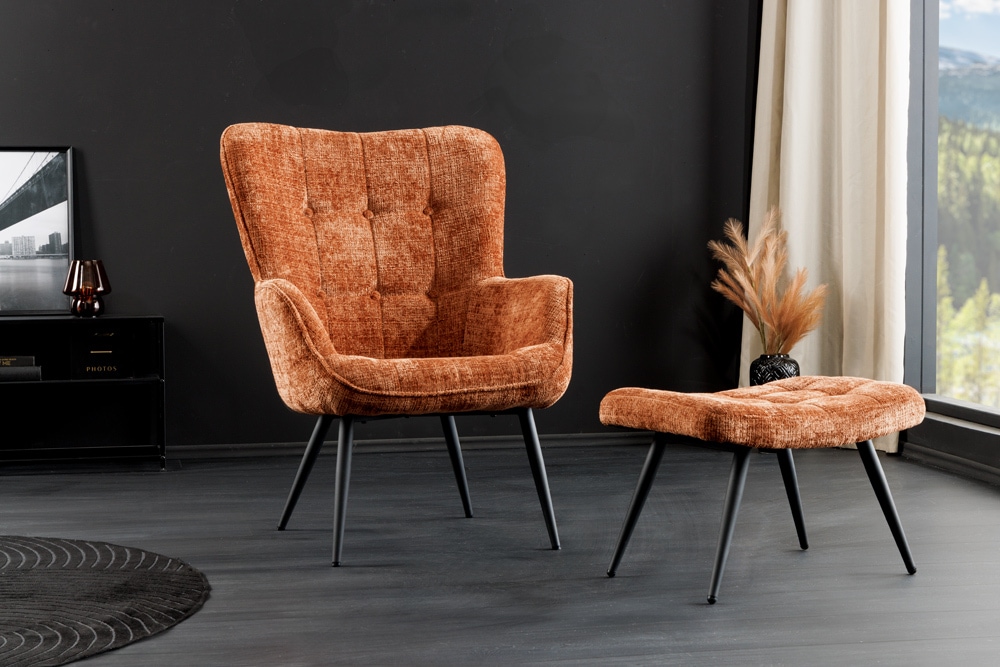 Design Sessel SCANDINAVIA rost braun Chenille Cremona schwarz Metall mit Armlehne