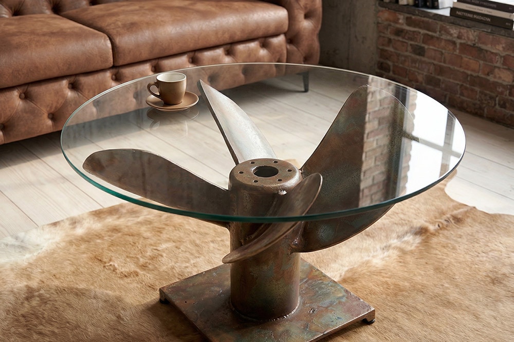 Maritimer Couchtisch OCEAN M 60cm kupfer geflammt rund Schiffsschraube Glasplatte