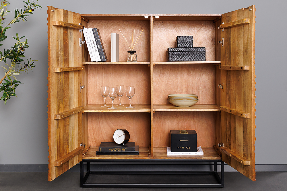 Massives Highboard ART 120cm braun Mangoholz 3D-Design schwarz Metall Massives Highboard ART 120cm braun Mangoholz 3D-Design schwarz Metall