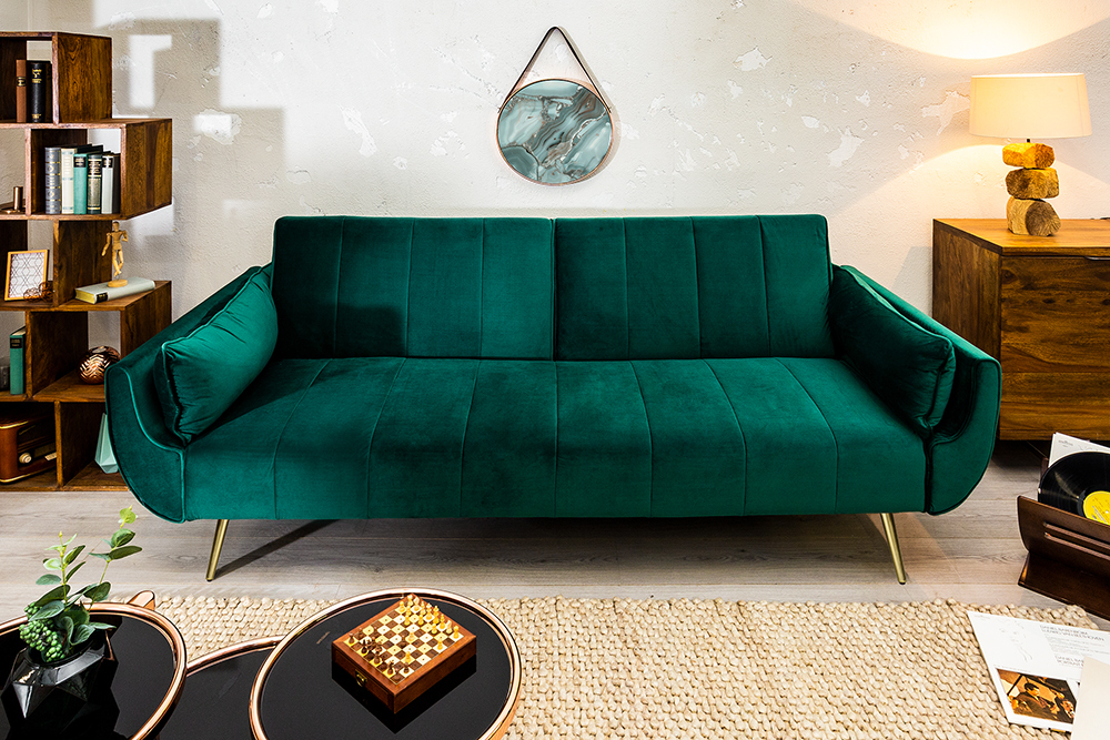 Retro Schlafsofa DIVANI 220cm smaragdgrün Samt goldene Metallfüße 3-Sitzer mit Bettfunktion