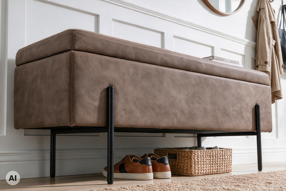 Truhenbank LOFT 100cm antik taupe Microfaser Sitzbank mit Stauraum Metall schwarz
