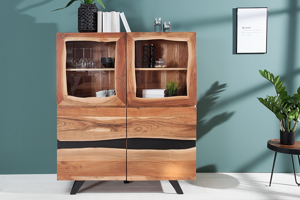Massives Highboard AMAZONAS 140cm Akazie Metall Vitrine Baumkante