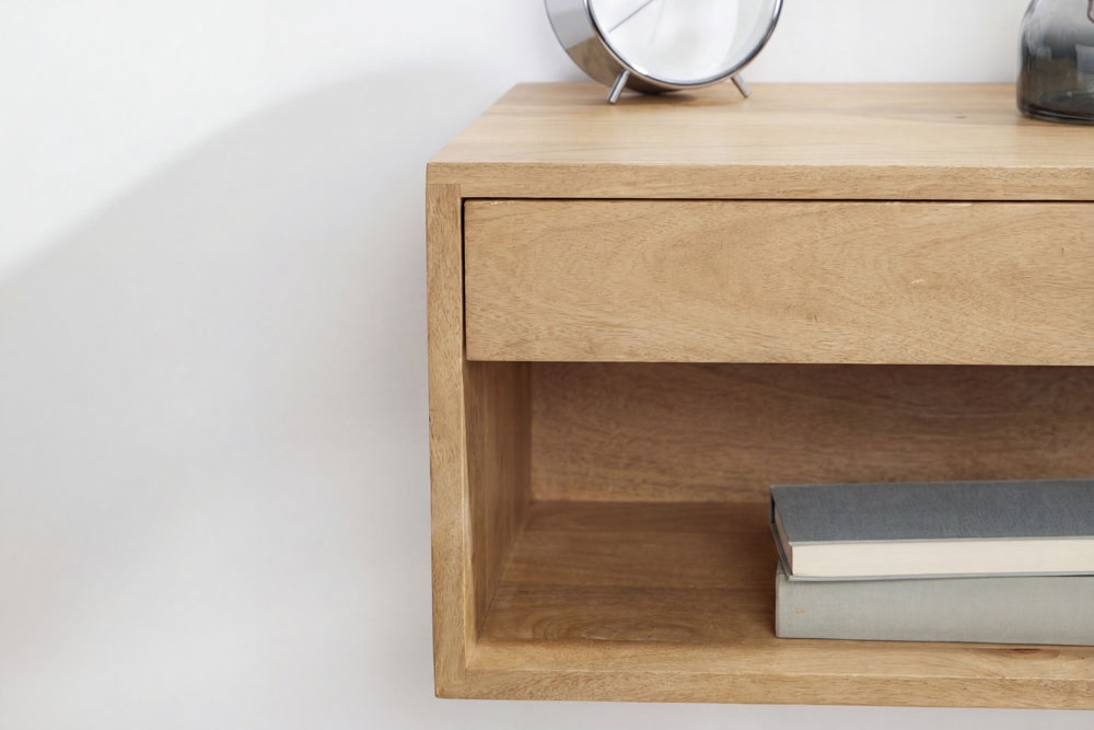 Hängender Nachttisch PURE 50cm natur Mangoholz cream finish Wandregal Schublade