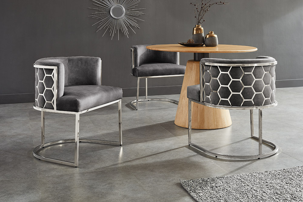 Stilvoller Stuhl ELEGANCE grau Samt silber Edelstahl mit Armlehne