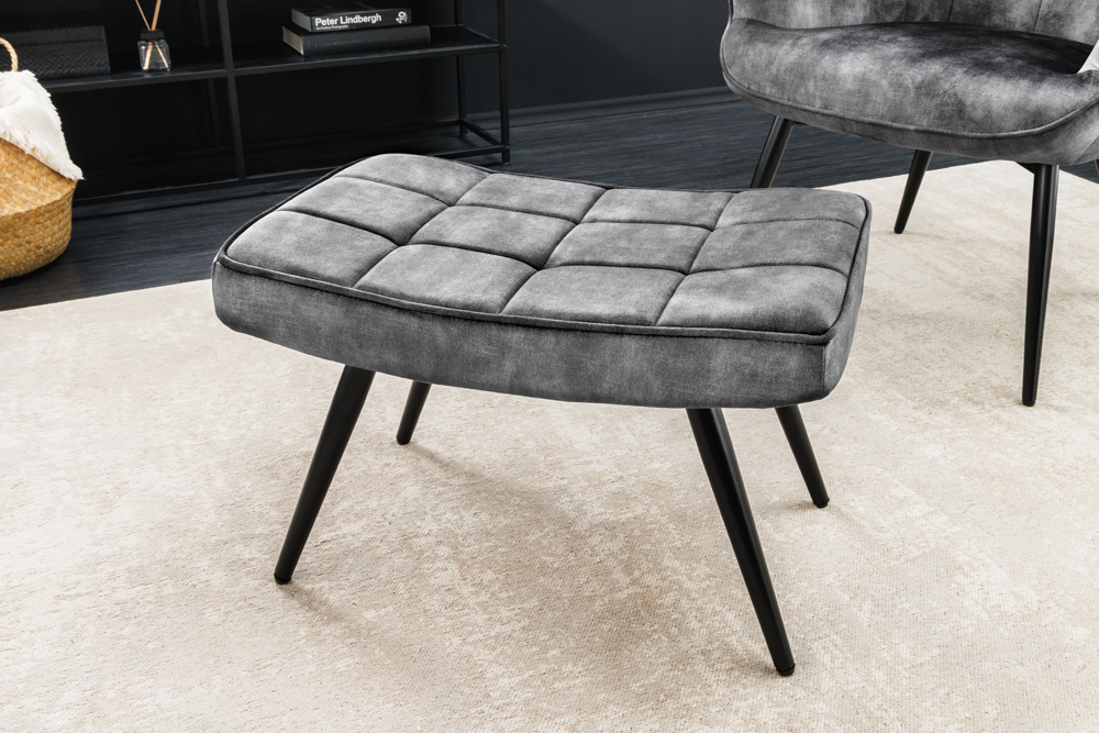 Moderner Hocker SCANDINAVIA grau Samt schwarze Metallbeine Fußhocker