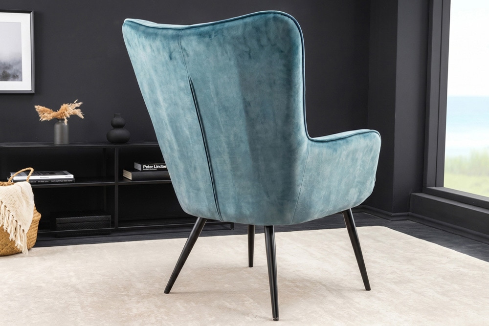 Bequemer Sessel SCANDINAVIA petrol Samt schwarze Metallbeine mit Armlehne