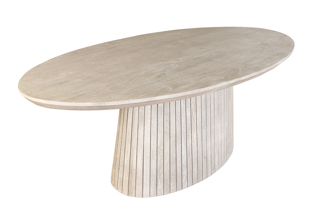 Ovaler Esstisch ART DECO 220cm smoke grau massives Mangoholz mit Säulenfuß