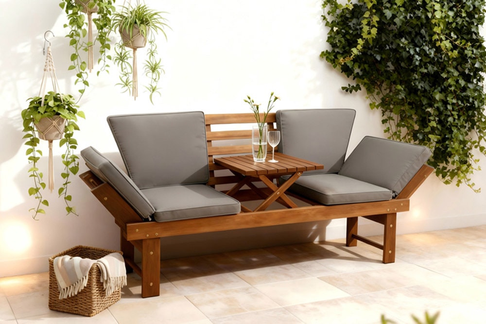 Outdoor Garten Sitzbank MODULAR 200cm natur grau Akazie mit Tisch inkl. Kissen klappbar