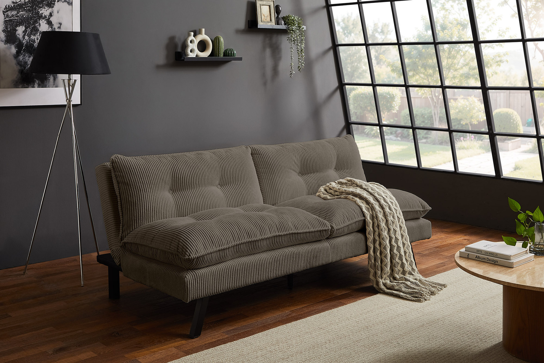 Modernes Schlafsofa COCOONING 190cm greige Cord 3-Sitzer Couch