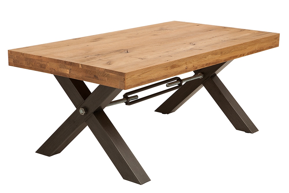 Massivholz Couchtisch THOR 110cm Wildeiche geölt X-Gestell Metall anthrazit Industrial Design