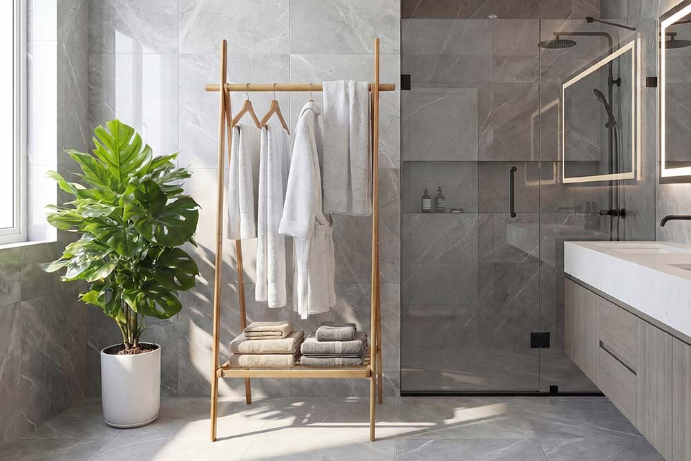 Massivholz Garderobe ZEN-BO 160cm natur Bambus Kleiderstange mit Ablage