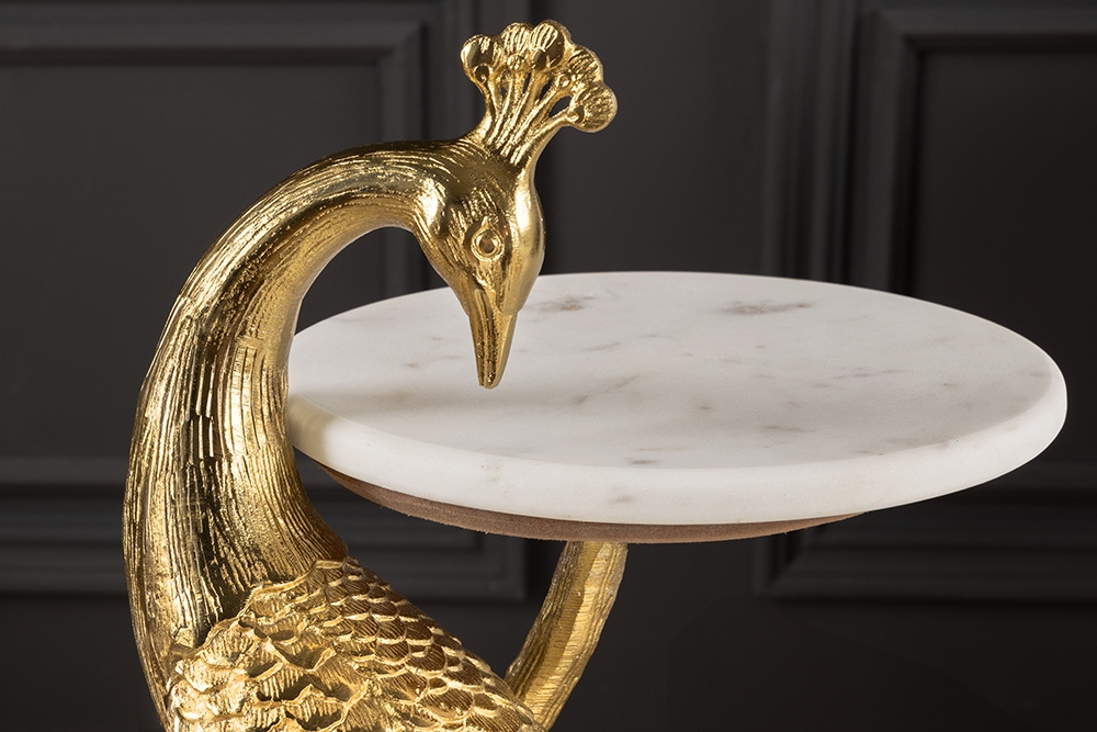 Runder Beistelltisch WILDLIFE PEACOCK 75cm gold antik weiß Metall Marmor Pfauen-Skulptur