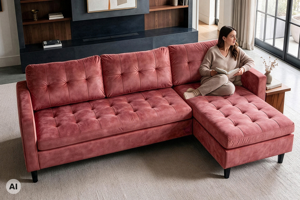 Ecksofa STOCKHOLM 220cm altrosa Samtstoff Federkern 3-Sitzer-Sofa