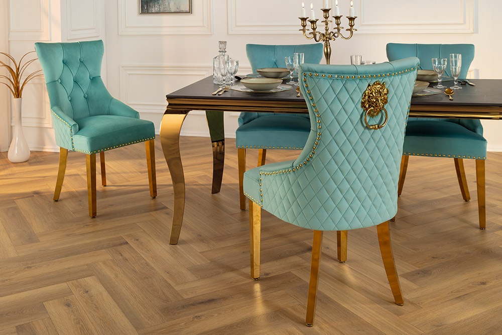 Barock Stuhl CASTLE DELUXE blau Samt gold Edelstahl mit Löwenkopf Chesterfield