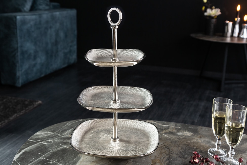 Moderne Etagere ORIENT 45cm silber Hammerschlag-Design mit drei Etagen