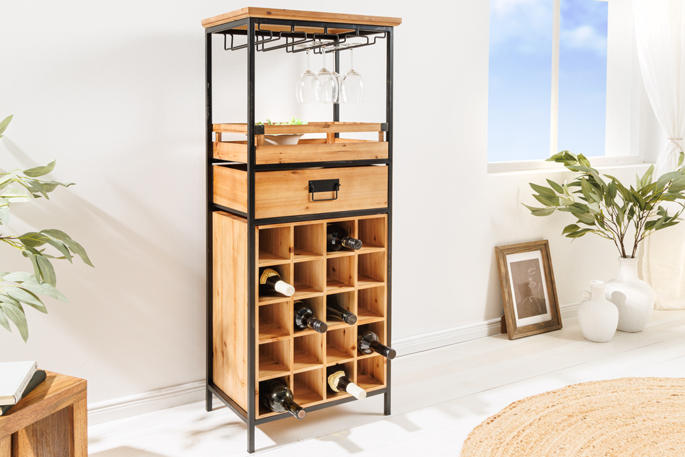 Massivholz Weinregal SEVENS SEAS 120cm natur Pinienholz schwarz Metall Flaschenregal