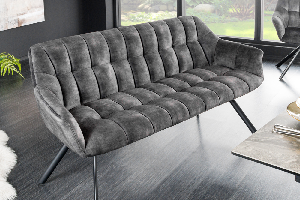 Esszimmer Sitzbank PAPILLON 165cm grau Samt mit Rückenlehne schwarzes Metallgestell