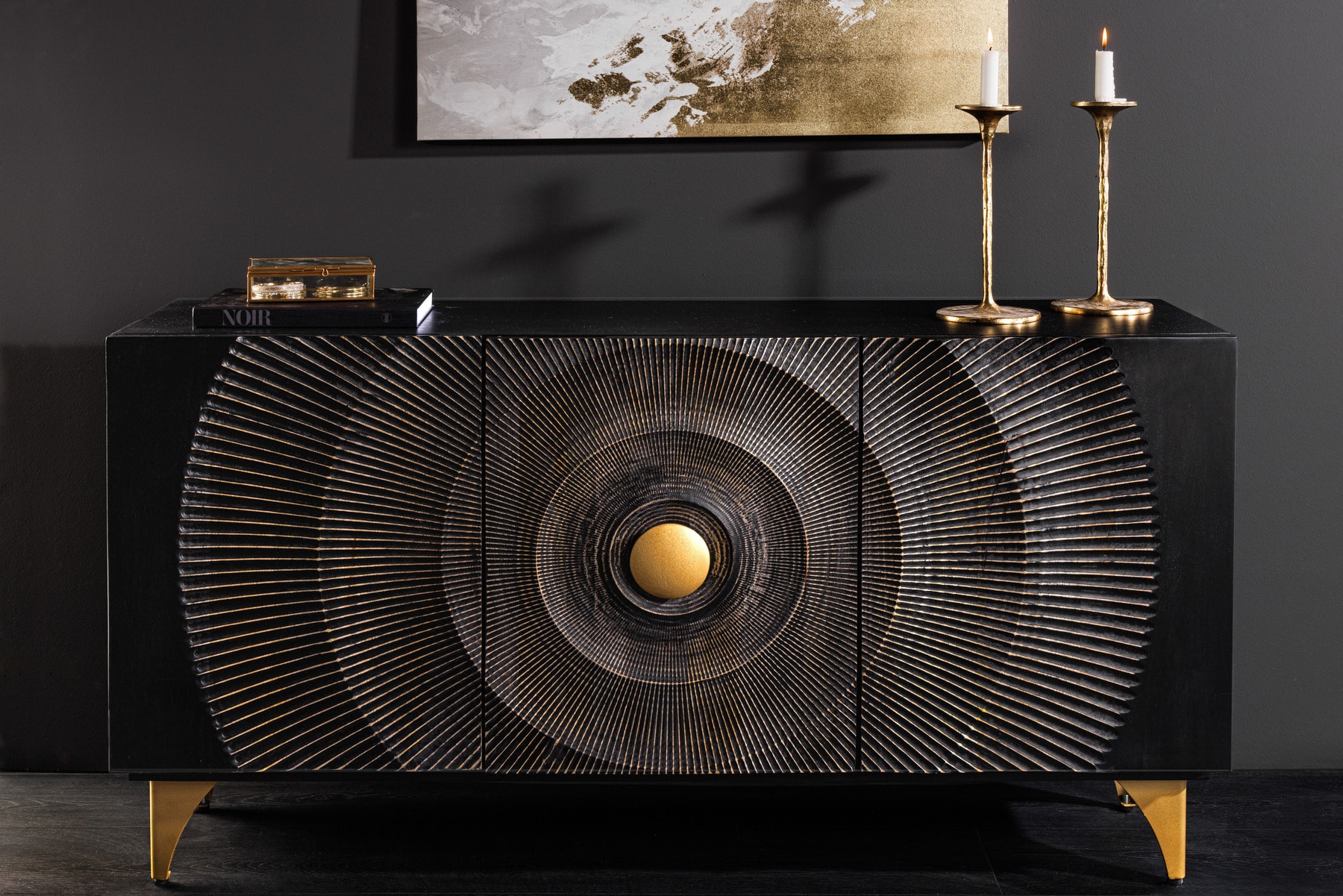 Handgearbeitetes Sideboard GOLDEN SUNSET 140cm schwarz mit 3D Schnitzereien gold Mangoholz Metallbeine