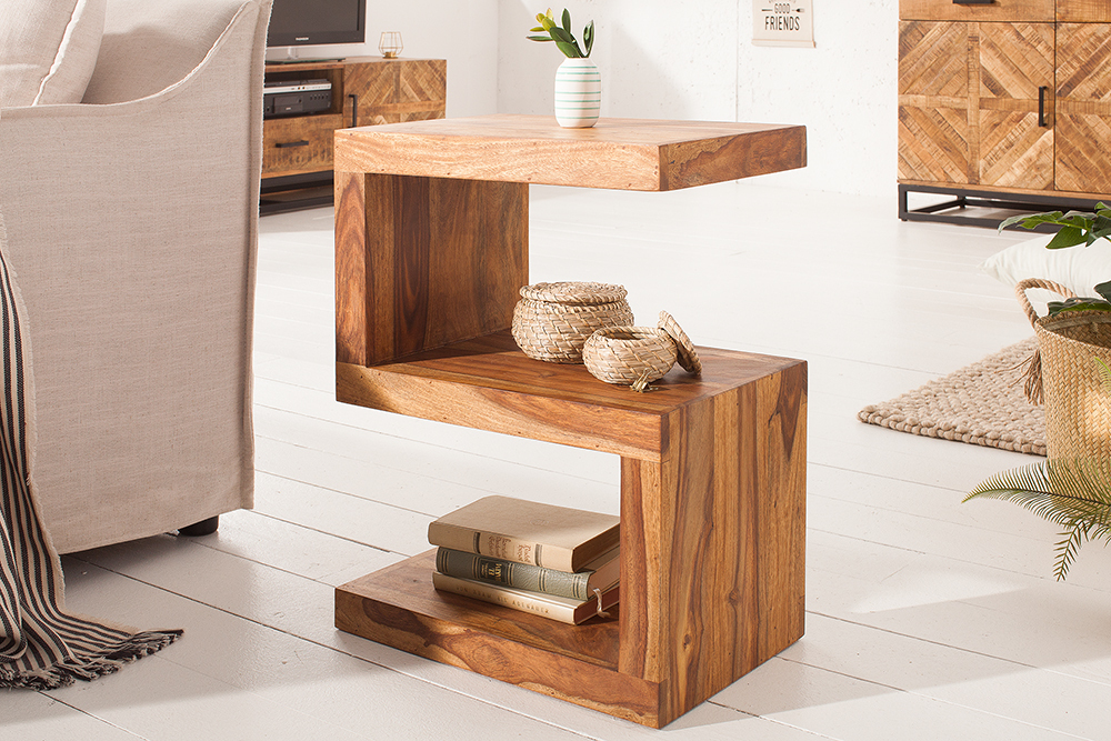 Handgearbeiteter Beistelltisch S 60cm braun Sheesham Massivholz stone finish Ablage