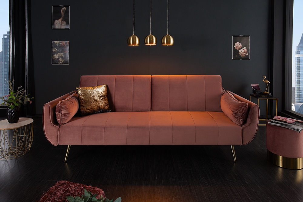 Retro Schlafsofa DIVANI 220cm altrosa Samt goldene Metallfüße 3-Sitzer mit Bettfunktion