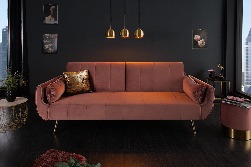Retro Schlafsofa DIVANI 220cm altrosa Samt goldene Metallfüße 3-Sitzer mit Bettfunktion Retro Schlafsofa DIVANI 220cm altrosa Samt goldene Metallfüße 3-Sitzer mit Bettfunktion