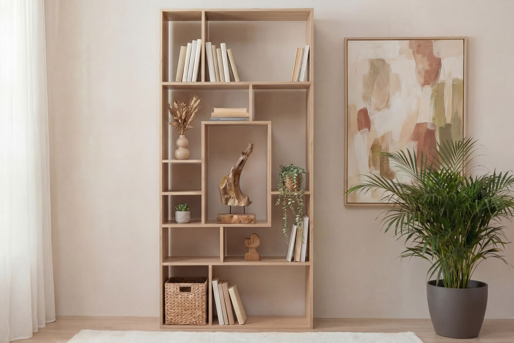 Massives Bücherregal CUBUS 180cm natur Mangoholz cream finish elf Fächer