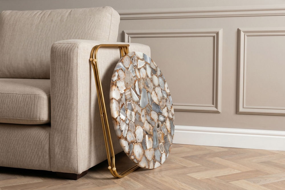Runder Couchtisch NOBLE 65cm Edelstein Achat abnehmbare Tischplatte goldenes Metallgestell