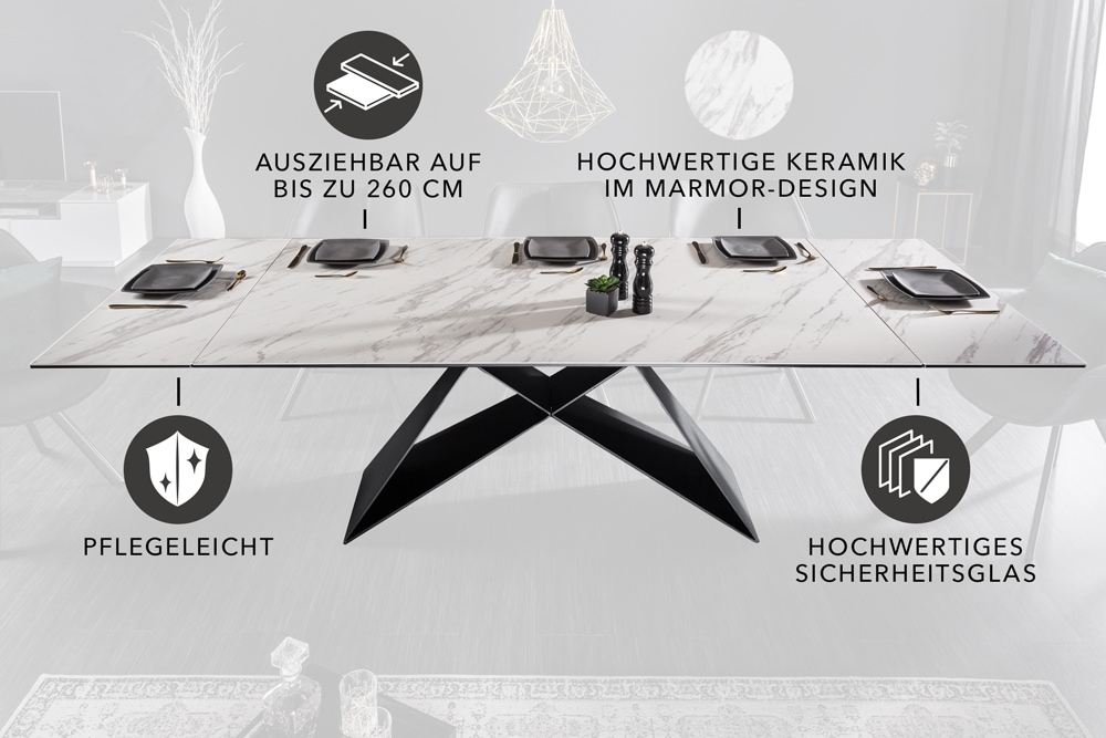 Ausziehbarer Esstisch PROMETHEUS 180-220-260cm weiß Marmor Keramik made in Italy