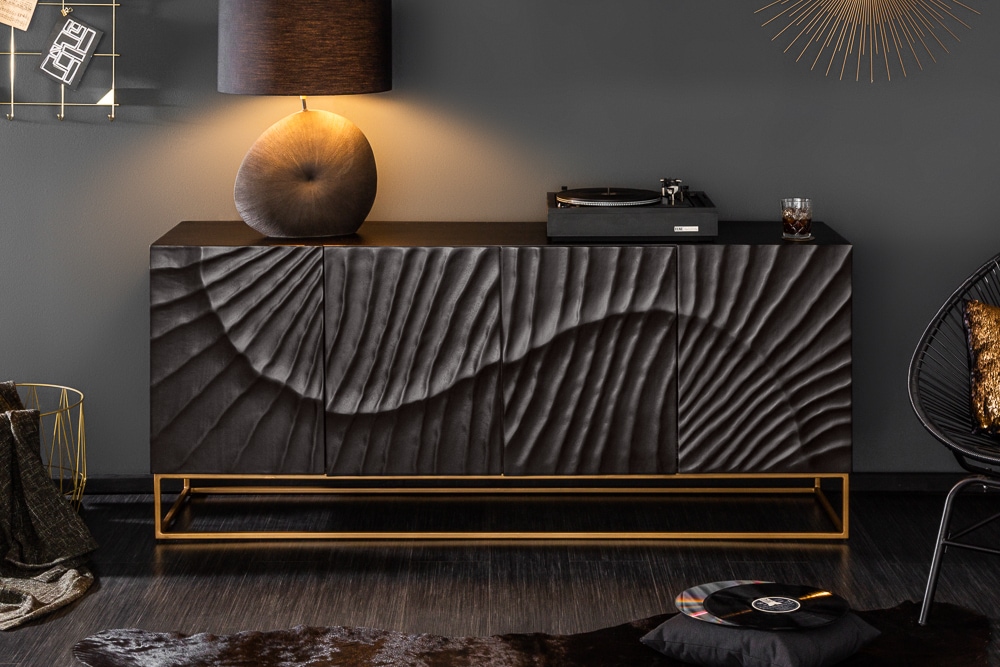 Massives Sideboard SCORPION 180cm schwarz Mangoholz aufwendige 3D Schnitzereien