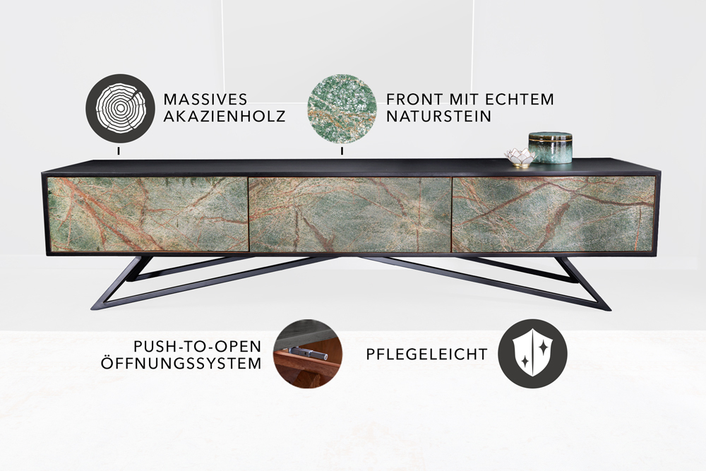 Massivholz TV Lowboard MOUNTAIN SOUL 200cm echter Naturstein Akazie schwarz hängend / stehend