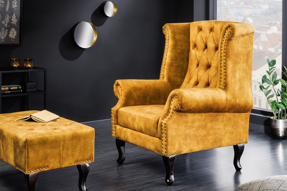 Design Ohrensessel CHESTERFIELD 85cm senfgelb Samt Knopfheftung