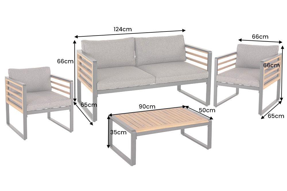 Outdoor Garten-Sitzgruppe PURE grau natur Akazie schwarz Metall inkl. Tisch Sitzpolster