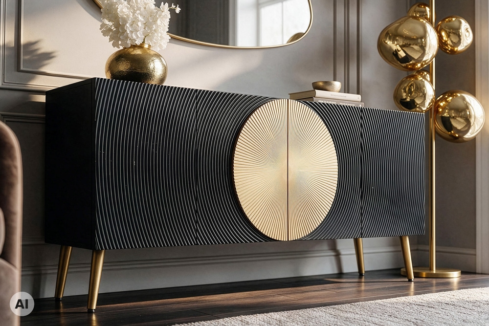 Massives Sideboard AURUM 180cm schwarz Mangoholz mit ikonischem Gold-Element