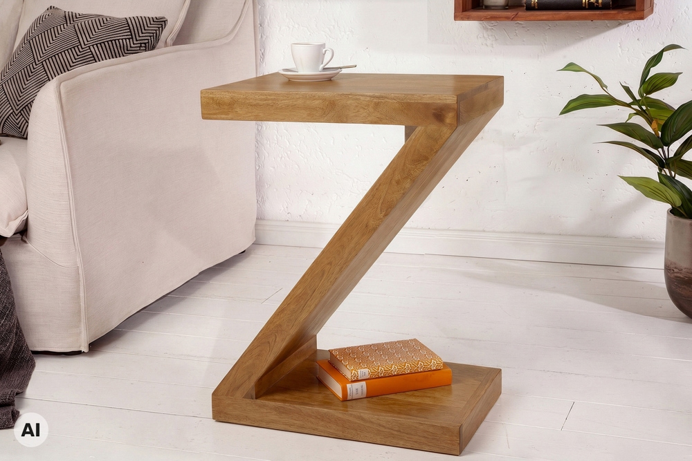 Massiver Beistelltisch Z 60cm braun honey finish Mangoholz Z-Form handmade