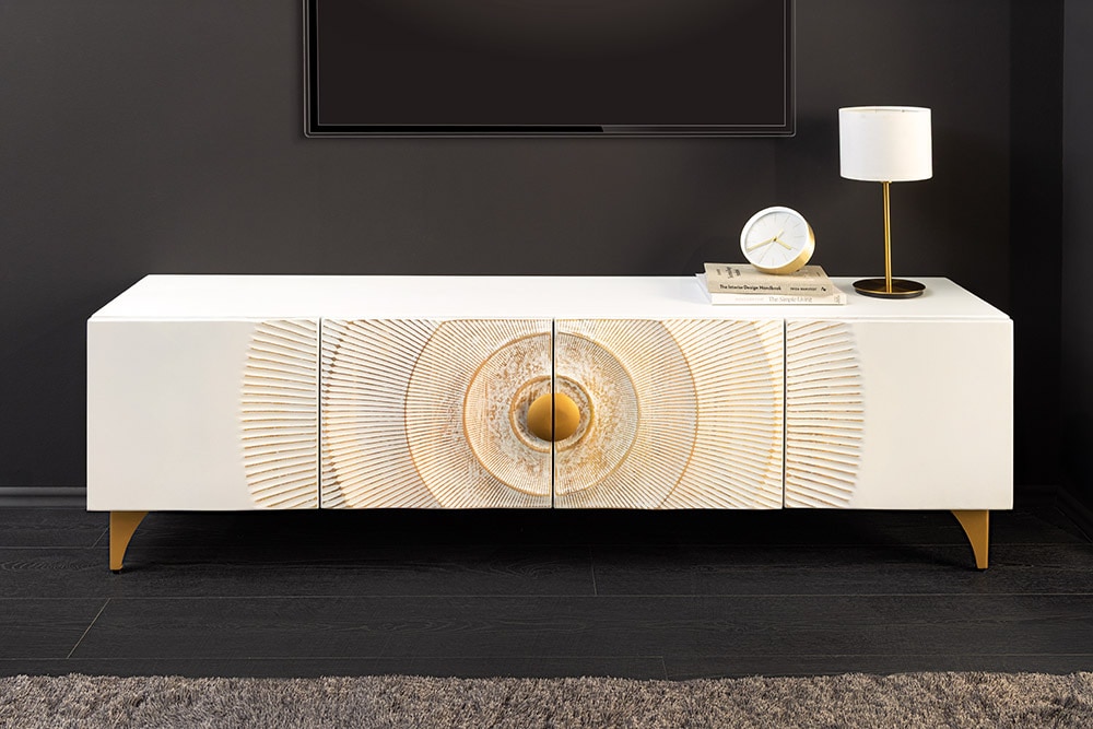 Massives TV-Lowboard GOLDEN SUNSET 180cm weiß gold Mangoholz 3D Schnitzereien Metallfüße