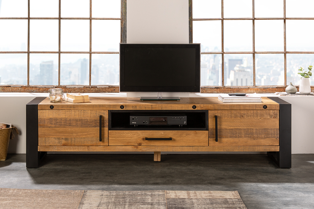 Massives TV-Lowboard THOR 200cm recyceltes Pinienholz im Industrial Design